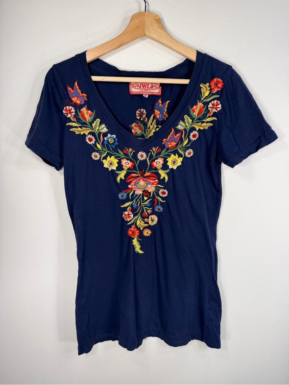 Johnny Was Embroidered Navy V-Neck Floral Tee